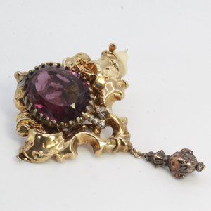 ANTIQUE VICTORIAN MID 19th CENTURY 14k GOLD STERLING AMETHYST REPOUSSE PIN